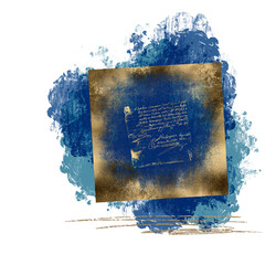 blue watercolor brush stroke element, overlay with a wide grunge gold frame, design textured gold blue abstract, transparent background, png