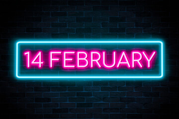 Fototapeta na wymiar 14 February text neon banner on brick wall background.