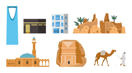 Saudi Arabia sightseeing vector illustrations set. Kaaba, mosque, tomb in AlUla, Al-Turaif, kingdom tower, ancient building in Jeddah, beduin with camel.