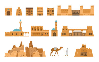Saudi Arabia authentic architecture vector illlustrations set. Traditional ancient Arabian houses, village, gates, mosque, beduin with camel. - obrazy, fototapety, plakaty