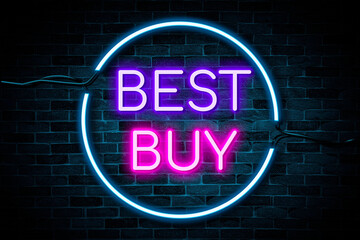 Best Buy neon banner light signboard symbol on brick wall background.