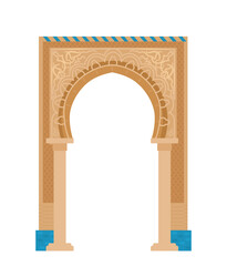 Arabian arch with mosaics. Middle east architecture elements. Ancient gates. Flat vector illustration isolated on white.