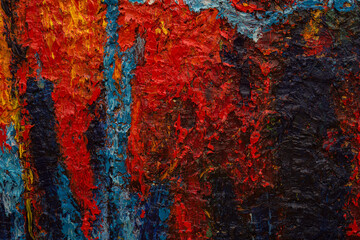 Orange red blue abstract painting. Beautiful brush strokes and canvas textures close-up. Textured abstract sunset background. Oil painting fragment. Expression. Original artistic background