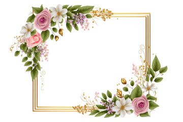 Golden frame with spring flowers isolated on transparent background