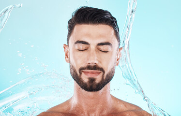 Water, splash and skincare with face of man for shower, self care and natural cosmetics. Luxury,...