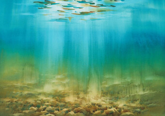 Sea underwater. Light rays on the blue watercolor background