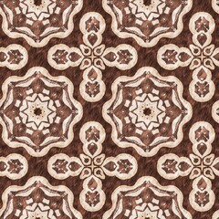 Mosaic geometric dark brown seamless texture pattern. Trendy kaleidoscope woven design for printed fabric. Rough abstract textile design. 