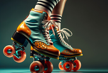 Close up of a womans feet wearing bright retro roller skates. Generative ai - obrazy, fototapety, plakaty