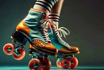 Fotobehang Close up of a womans feet wearing bright retro roller skates. Generative ai © ink drop