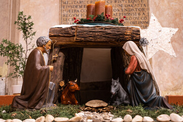 nativity scene. Saint Joseph and Mary are waiting for the birth of Jesus. empty manger waiting for the savior Lord Jesus