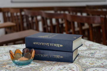 reading the Bible. The concept of the Catholic Church. prayer. the bible on the table