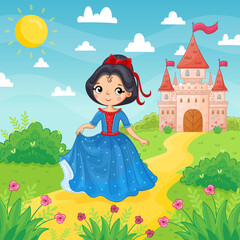Cute little girl in a blue beautiful dress stand on a background of a castle in a green meadow. Vector illustration in a cartoon style. - 560751704