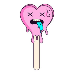 Pink dead ice cream on a stick with a dripping blue tongue. Trendy psychedelic style of the 2000s.