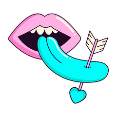 Neon pink and blue mouth with tongue.
Arrow in tongue. Psychedelic trendy style of the 2000s.