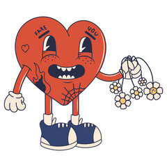 Retro groovy heart character. Retro cartoon character.
Cool boy heart with tattoos and flowers. Trendy 60s, 70s, 80s style.