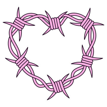 Pink barbed wire in the shape of a heart. Brutal style of the 2000s.