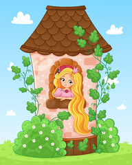 Fairy Tale scene with cute princess in the tower illustration. Vector illustration in a cartoon style.
