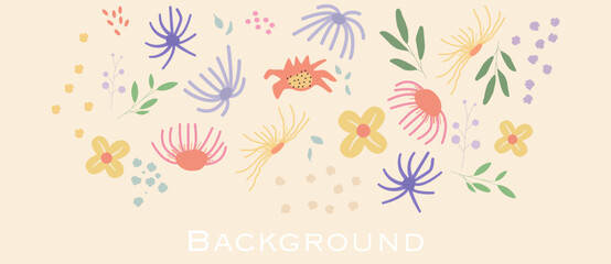 Fototapeta na wymiar Vector background. Doodle design elements. Delicate leaves, flowers and plants. Modern abstraction. Perfect for posters, posters, stickers and covers.