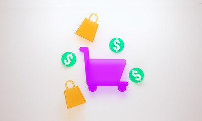 3d illustration of shopping icons, glass, colorful, background, for banner with text