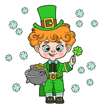 Cute cartoon leprechaun boy with a pot of gold color variation for coloring page on white background