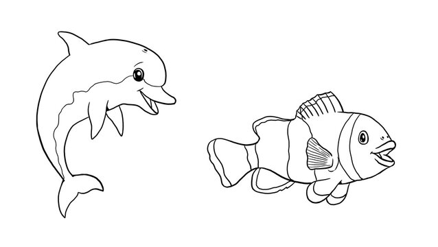 Naklejki Cute dolphin and clown fish to color in. Template for a coloring book with funny animals. Coloring template for kids.