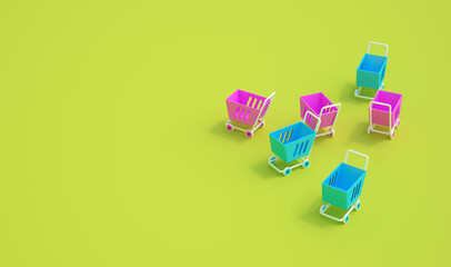 3d illustrations of supermarket carts on yellow background randomly positioned, female and male shopping