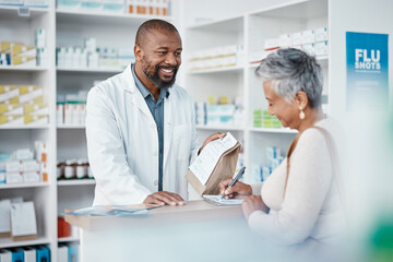 Healthcare, pharmacist and woman at counter with medicine or prescription drugs sales at drug store. Health, wellness and medical insurance, black man and customer at pharmacy for advice and pills. - obrazy, fototapety, plakaty