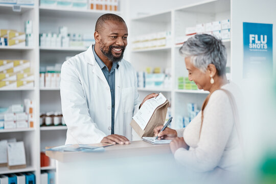 Healthcare, pharmacist and woman at counter with medicine or prescription drugs sales at drug store. Health, wellness and medical insurance, black man and customer at pharmacy for advice and pills.
