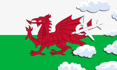 Wales travel concept. Airplane with clouds on the background of the flag of Wales. Vector illustration
