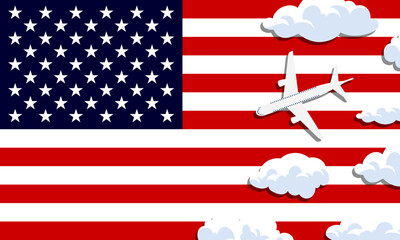 United States travel concept. Airplane with clouds on the background of the flag of United States. Vector illustration