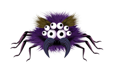 Fluffy purple spider cartoon. Childish cute tiny insect. Png