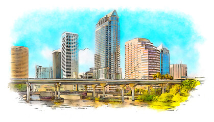 Tampa Skyline watercolor sketch illustration.