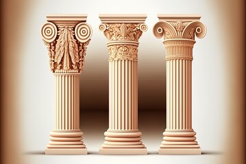 vintage column bases Treated separately from the Doric and Ionic styles. Classical ornate columns from classical Roman or Greek architecture, used for facade decoration; illustration. Generative AI