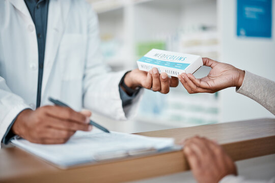 Healthcare, Pharmacist Hands With Pills For Woman At Counter And Medicine Or Prescription Drugs At Pharmacy. Health, Wellness And Medical Insurance, Man And Drug Store Customer For Health Care Advice