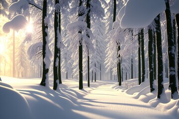 A winter background of a snowy road, trees, and snow-covered ground. Generative AI