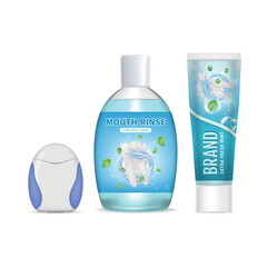 Realistic Detailed 3d Dental Floss Packaging, Mouthwash Bottle and Toothpaste Extra Fresh Mint Set. Vector illustration