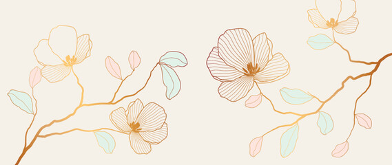 Luxury botanical art vector illustration. Floral golden artistic branches, Elegant golden cherry blossom. Illustration for decoration, postcard, fabric, invitation, packaging.