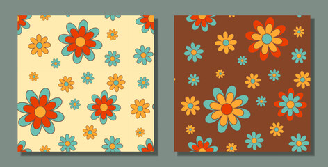 Fototapeta na wymiar Set of abstract seamless patterns with vintage groovy flowers. Funny Retro print for fabric, paper, card, social media posts,etc. Hippie esthetic.