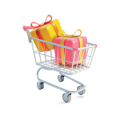 3d Metal Shopping Cart with Present Gift Plasticine Cartoon Style Isolated on a White Background. Vector illustration of Trolley Market
