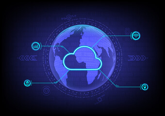 Abstract hi-tech background blue earth dotted map glowing cloud with wifa icon, graph with dotted circle around the world and symbol gradient background