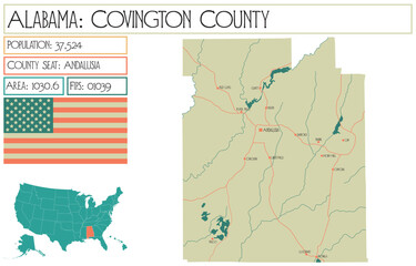 Large and detailed map of Covington county in Alabama, USA.