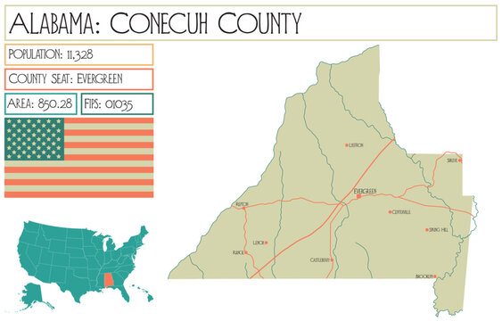 Large and detailed map of Conecuh county in Alabama, USA.