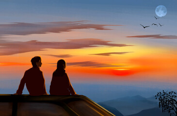 silhouette of a couple at car to observe sunset illustration