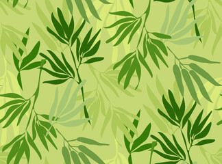 Seamless bamboo leaves pattern on green background. Nature leaf texture. Floral vector illustration.