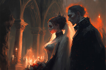 Vampire Wedding Fantasy in a Gothic Cathedral Concept Art created with generative AI technology