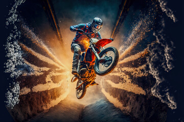 Dirt bike rider doing a big jump. Supercross, motocross, high speed. Sport concept. Digital art	
