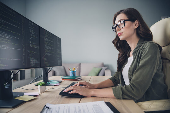 Profile side photo of confident clever lady wear glasses browsing display search bugs mistakes write edits indoor workstation