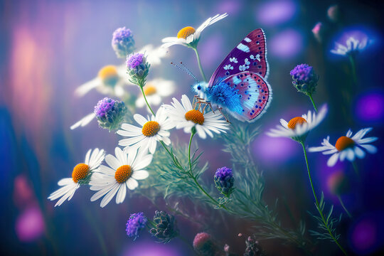 Beautiful Wild Flowers Chamomile, Purple Wild Peas, Butterfly In Morning Haze In Nature Close-up Macro. Landscape Wide Format, Cool Blue Tones. Delightful Pastoral Airy Artistic Image. Digital Artwork