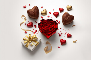 Flatlay photo of white gift and red hearts with golden ribbons, decorations and chocolate hearts created with Generative AI technology