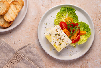 Food photography of feta cheese salad, greek, tomato, romaine, cheese, lettuce, seasoning, olive oil, toast
